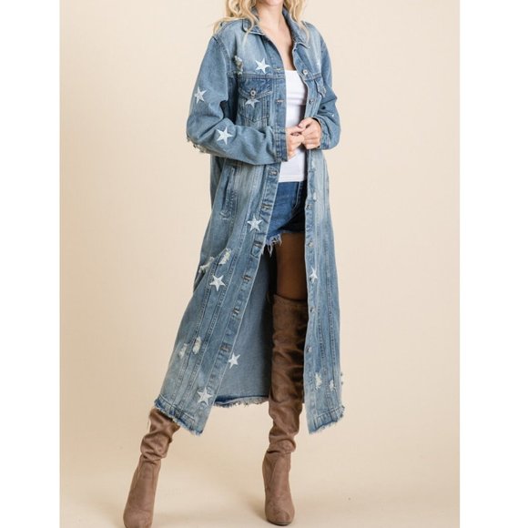 SOLD OUT Plus Star Distressed Long Denim Jean Jacket Coat - Picture 3 of 9